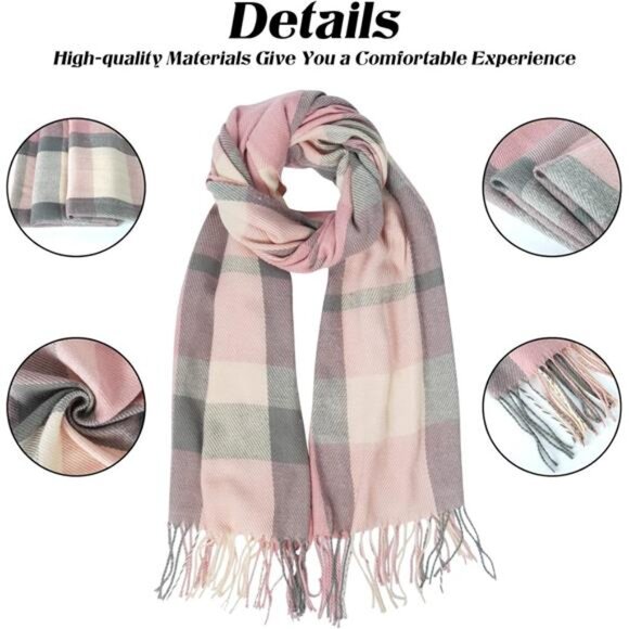 Pink Plaid Winter Scarf for Women Long Warm Shawl Wrap, Soft Big Grid Scarf - Picture 2 of 6